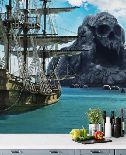 pirate ship and skull island wallpaper