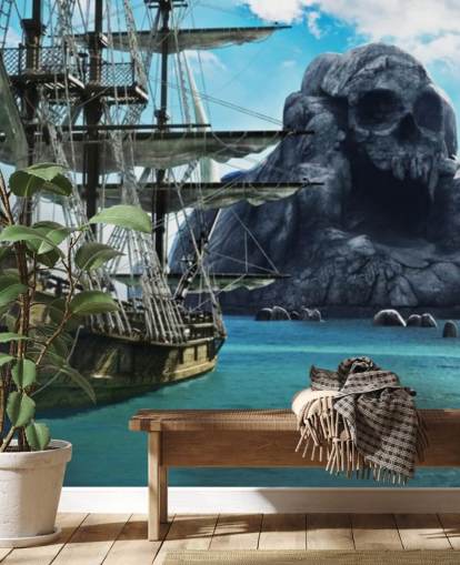 pirate ship and skull island wallpaper