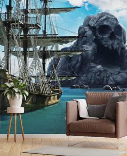 piratenschip en schedel eiland behang piratenschip en schedel eiland behang