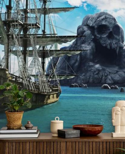pirate ship and skull island wallpaper