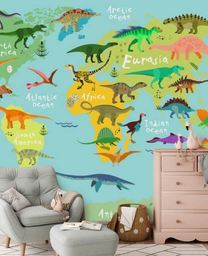 dinosaurs on a kids map wallpaper