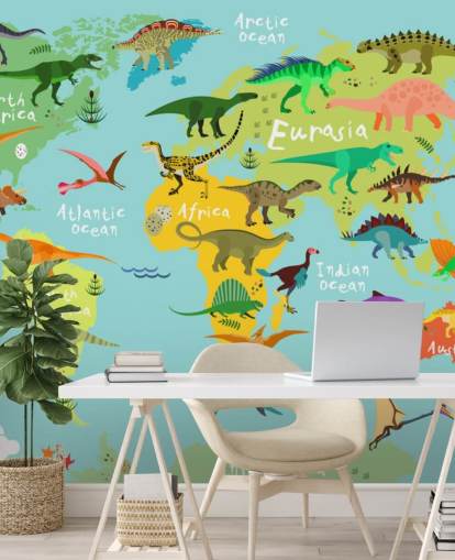 dinosaurs on a kids map wallpaper