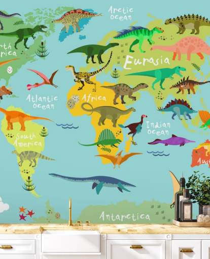 dinosaurs on a kids map wallpaper