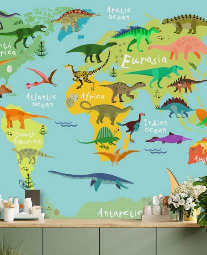dinosaurs on a kids map wallpaper