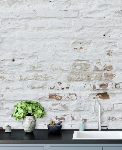 mural de papel pintado de ladrillo blanco llamado Ladrillo blanco envejecido para dormitorios, cocinas y oficinas