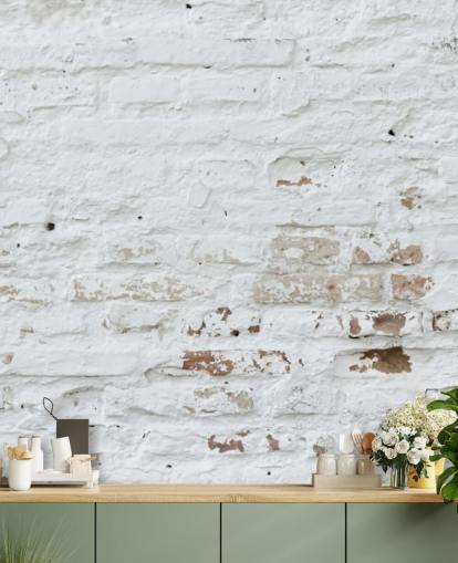 Tapeten-Wandbild aus weißem Backstein namens Distressed White Brick für Schlafzimmer, Küchen und Büros