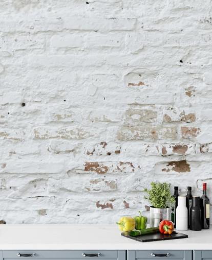 carta da parati murale in mattoni bianchi chiamata Distressed White Brick per camere da letto, cucine e uffici