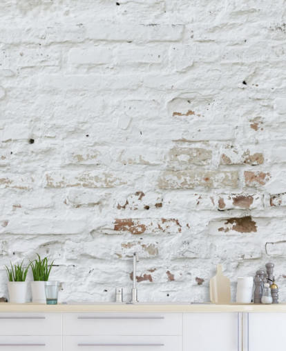 witte bakstenen muurschildering genaamd Distressed White Brick voor slaapkamers, keukens en kantoren