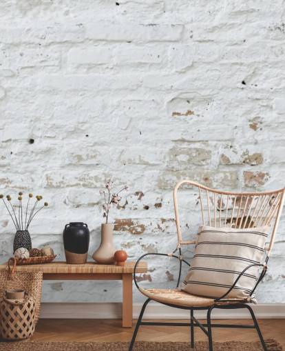 vit tegel tapet väggmålning kallad Distressed White Brick för sovrum, kök och kontor