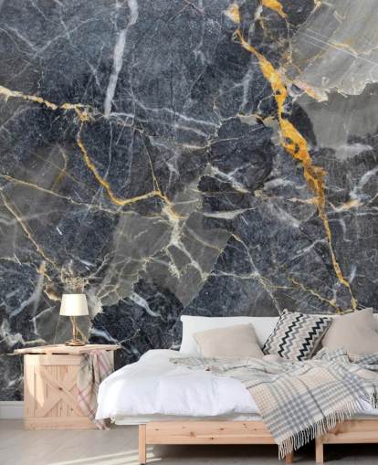 mural de papel pintado de mármol gris y dorado llamado Grey with Gold Marble para baños o cocinas