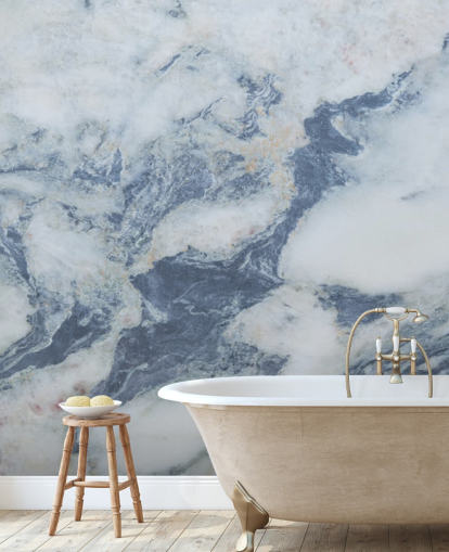 blå anpassningsbar marmor tapetväggmålning kallad Blue Marble Effect för kök och badrum