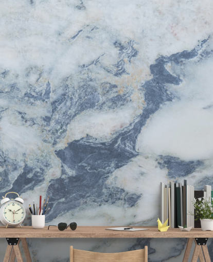 mural de papel pintado de mármol azul personalizable llamado Blue Marble Effect para cocinas y baños