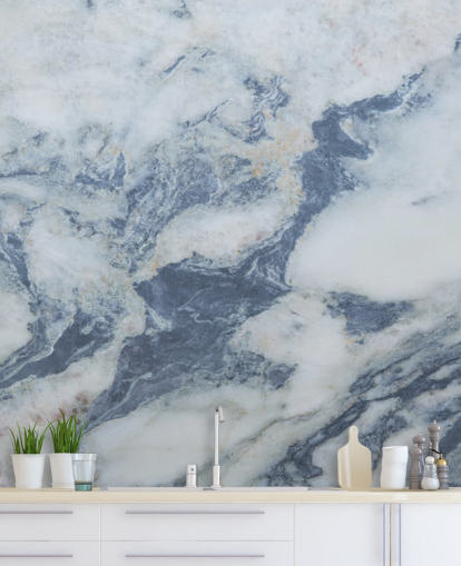 sininen muokattava marmoritapetti seinämaalaus nimeltä Blue Marble Effect keittiöihin ja kylpyhuoneisiin