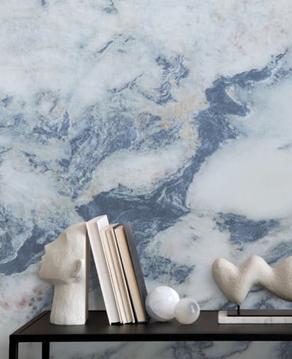 sininen muokattava marmoritapetti seinämaalaus nimeltä Blue Marble Effect keittiöihin ja kylpyhuoneisiin