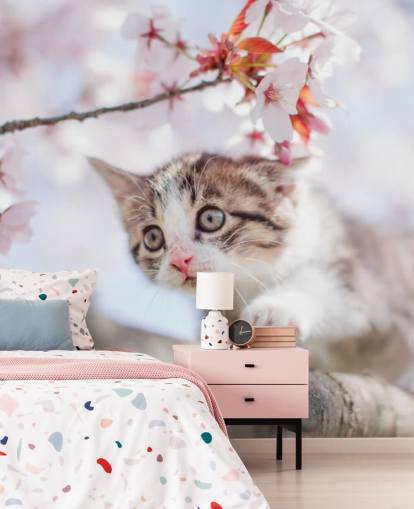 Kätzchen klettert auf einen Baum Fototapete 