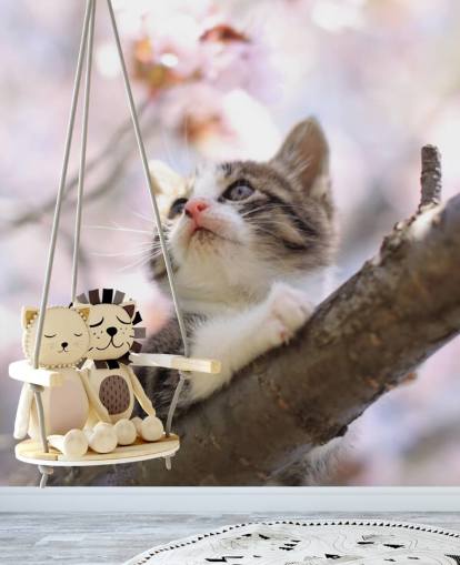 Kissanpentu Blossom Tree Branch seinämaalaus