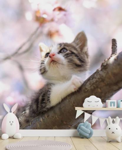 Kattunge på Blossom träd gren väggmålning