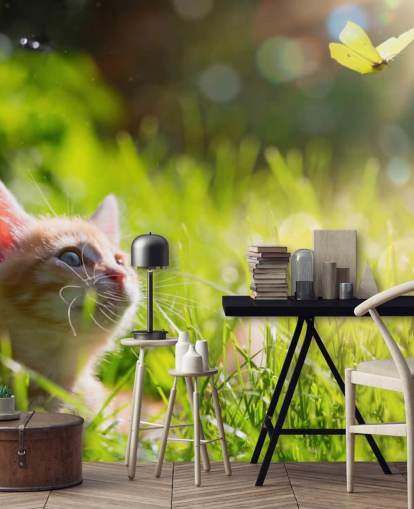 Leuke gember kitten kijken naar een vlinder behang