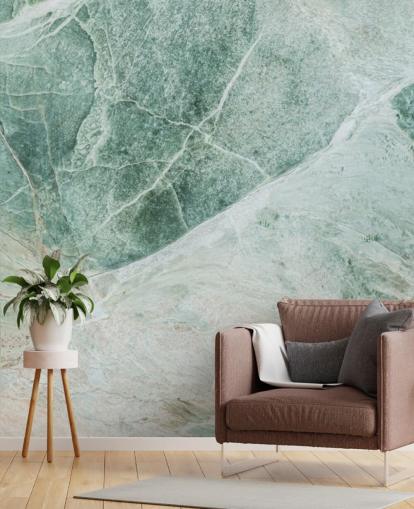 carta da parati murale effetto marmo verde e bianco chiamata Marble Greens per camere da letto, salotti e bagni