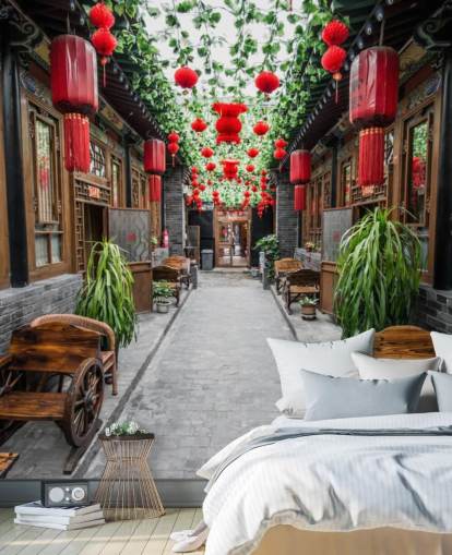 Chinese binnenplaats met rode lantaarns behang Chinese binnenplaats met rode lantaarns behang