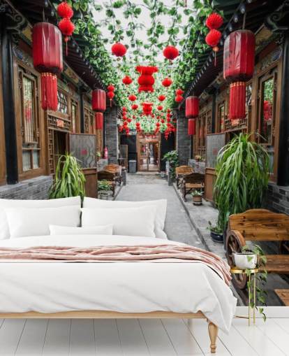 Papier Peint Cour chinoise avec lanternes rouges Papier Peint Cour chinoise avec lanternes rouges