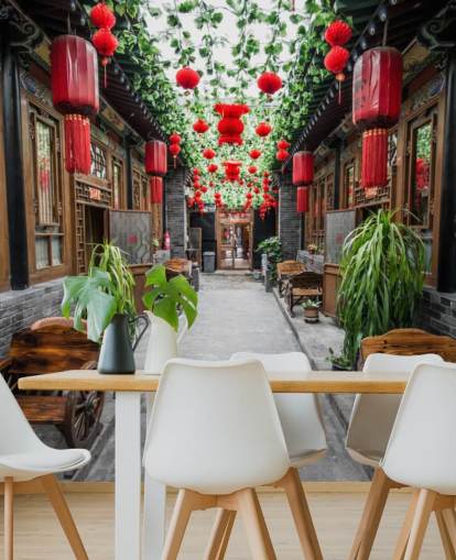Carta da parati con cortile cinese con lanterne rosse