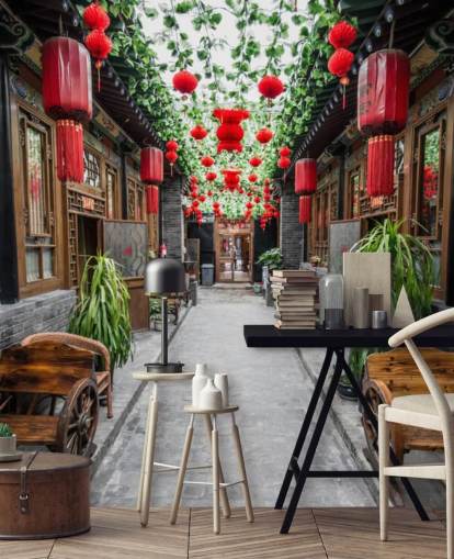 Chinesischer Innenhof mit roten Laternen bemalte Tapete
