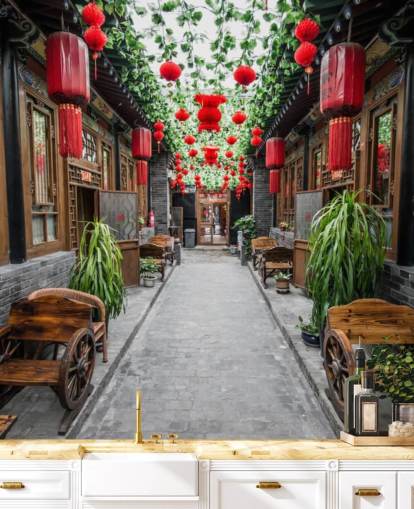 Papel de Parede Pátio Chinês com Lanternas Vermelhas