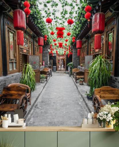 Chinesischer Innenhof mit roten Laternen bemalte Tapete Chinesischer Innenhof mit roten Laternen bemalte Tapete