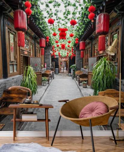 Papier Peint Cour chinoise avec lanternes rouges