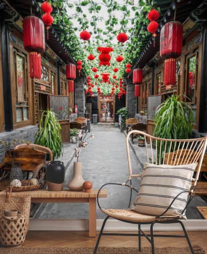 Papier Peint Cour chinoise avec lanternes rouges