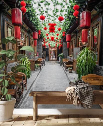 Papier Peint Cour chinoise avec lanternes rouges