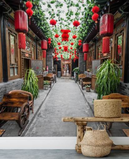 Chinesischer Innenhof mit roten Laternen bemalte Tapete