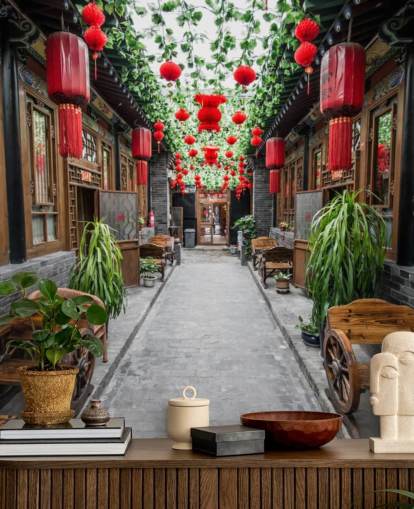 Papel de Parede Pátio Chinês com Lanternas Vermelhas