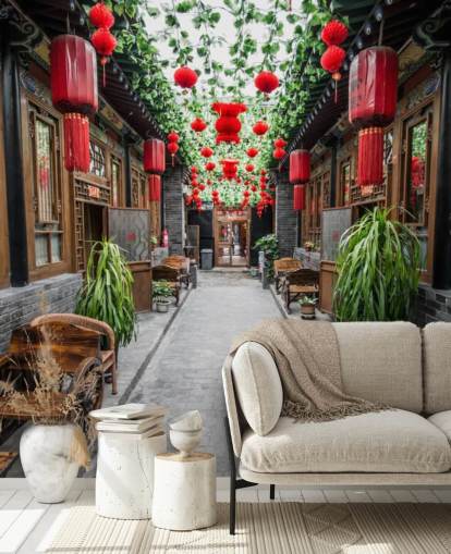 Fondo de pantalla de patio chino con linternas rojas