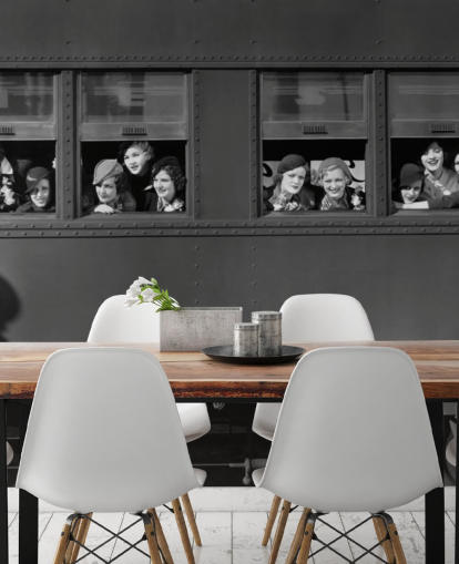 black and white bygone era wallpaper mural called Right Track for residential care home black and white bygone era wallpaper mural called Right Track for residential care home