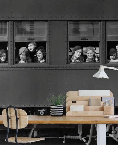 black and white bygone era wallpaper mural called Right Track for residential care home