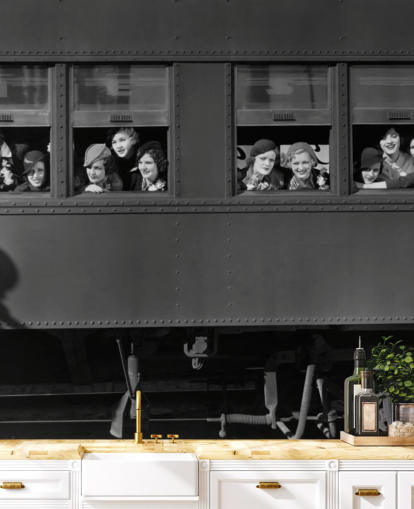 black and white bygone era wallpaper mural called Right Track for residential care home