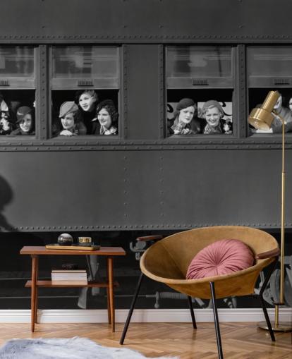 black and white bygone era wallpaper mural called Right Track for residential care home