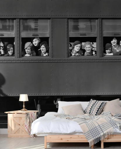 black and white bygone era wallpaper mural called Right Track for residential care home