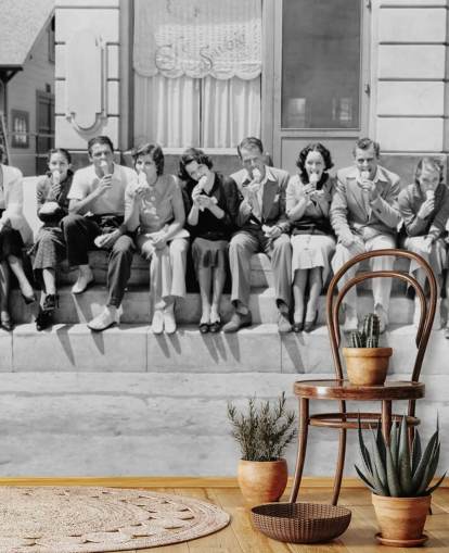 Vintage Black and White Photo of People Eating Ice Cream Wallpaper