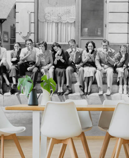 Vintage Black and White Photo of People Eating Ice Cream Wallpaper