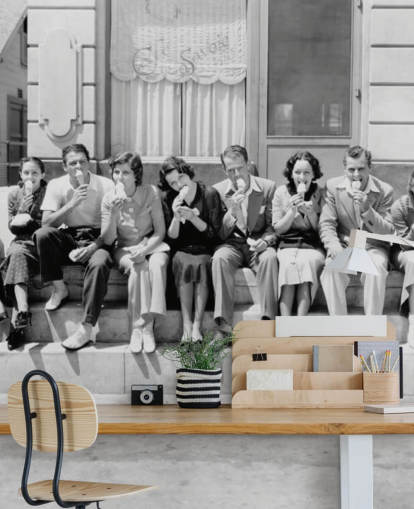 Vintage Black and White Photo of People Eating Ice Cream Wallpaper