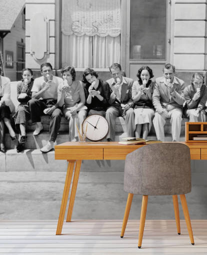 Vintage Black and White Photo of People Eating Ice Cream Wallpaper
