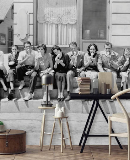 Vintage Black and White Photo of People Eating Ice Cream Wallpaper
