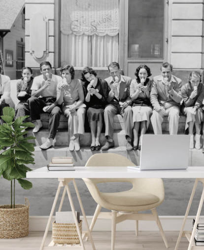 Vintage Black and White Photo of People Eating Ice Cream Wallpaper