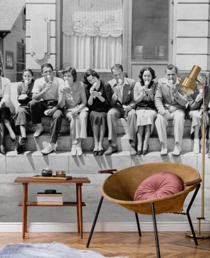 Vintage Black and White Photo of People Eating Ice Cream Wallpaper