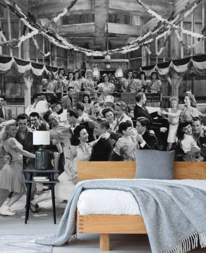 black and white photograph of a dance hall in the 1940s wallpaper