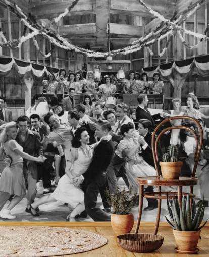 black and white photograph of a dance hall in the 1940s wallpaper
