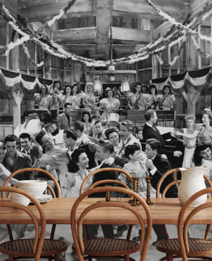 black and white photograph of a dance hall in the 1940s wallpaper
